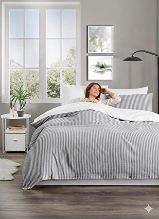 Çift Kişilik %100 Pamuk Ranforce Düğmeli Nevresim Takımı – Lastikli Çarşaflı 200x220 cm Gri