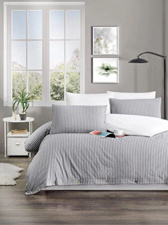 Çift Kişilik %100 Pamuk Ranforce Düğmeli Nevresim Takımı – Lastikli Çarşaflı 200x220 cm Gri