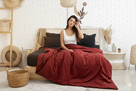 Tek Kişilik %100 Pamuk Ranforce Nevresim Takımı – 160x220 cm Bordo Lastiksiz Çarşaflı
