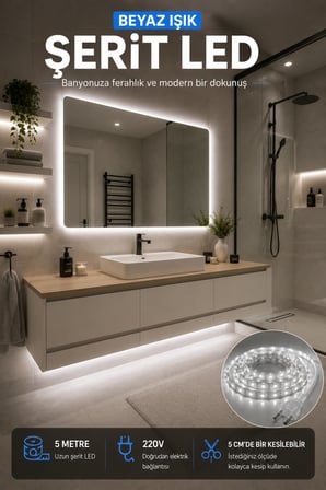 5 Metre Beyaz Işık Şerit LED 220V cm Kesilebilir Dekoratif Aydınlatma