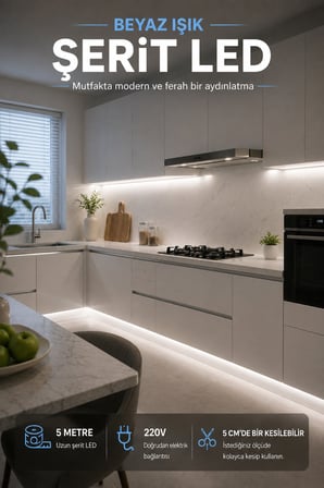 5 Metre Beyaz Işık Şerit LED 220V cm Kesilebilir Dekoratif Aydınlatma