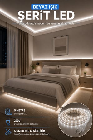 5 Metre Beyaz Işık Şerit LED 220V cm Kesilebilir Dekoratif Aydınlatma