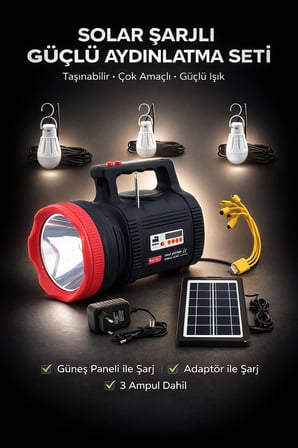 Solar Şarjlı Kamp Feneri 3 Ampul Set Led Acil Durum Aydınlatma (Kamp & Ev Kullanımı)