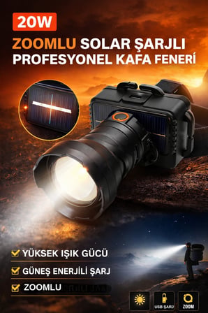Solar Şarjlı 20W Zoomlu LED Kafa Feneri Güçlü Kamp Avcılık Outdoor Uzun Menzil Şarjlı Fener