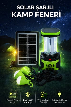 Solar Şarjlı Kamp Feneri Bluetooth Radyo USB Telefon Şarjlı Taşınabilir LED Aydınlatma Seti Işıldak