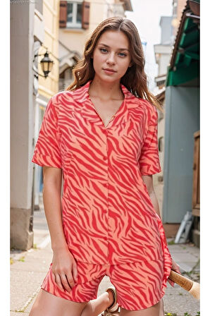 Kadın Ev Giyim Kırmızı Desenli Kısa Kollu & Şort 2 Parça Pijama Takımı LA.L01.I1.SS002