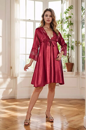 6 Parça Çeyizlik & Hediyelik Gecelik Sabahlık Pijama Takımı Kutulu Saten Set LA.L01.I1.SS010