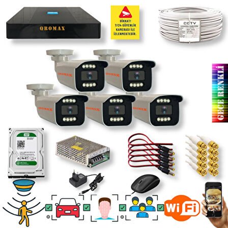 Qromax 5 Kameralı Set - Yapay Zeka Özellikli Gece Renkli Gösteren 5 MP SONY Lensli 8 Warm Ledli FULLHD Güvenlik Kamerası Seti 908W-9008