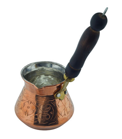 Otantik İşlemeli Ahşap Saplı El Yapımı Eskitme Bakır Cezve m3 Kahve Cezvesi