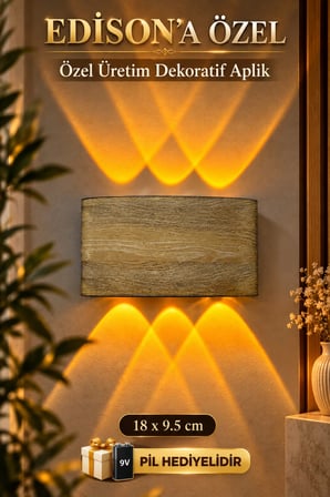 Ahşap Desenli Pilli LED Aplik 9V 10W 700 Lümen Amber Işık Çift Yönlü Kablosuz Dekoratif Duvar Lambası Salon Yatak Odası Koridor Antre TV Ünitesi Duvar Aydınlatma