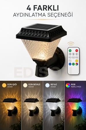 Solar Duvar Tipi Bahçe Apliği Kumandalı 4 Renk RGB LED 30W 200 Lümen IP65 Su Geçirmez Dış Mekan Aydınlatma