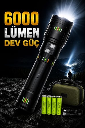 6000 Lümen Şarjlı El Feneri Zoomlu 3 KM Menzilli Powerbanklı 24000 mAh Profesyonel Fener
