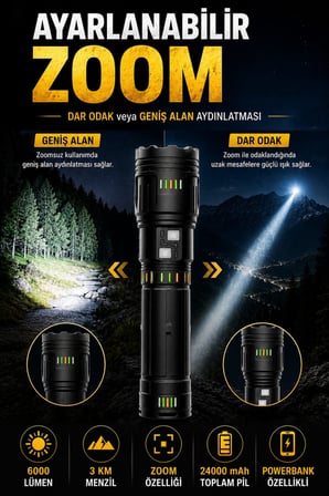 6000 Lümen Şarjlı El Feneri Zoomlu 3 KM Menzilli Powerbanklı 24000 mAh Profesyonel Fener