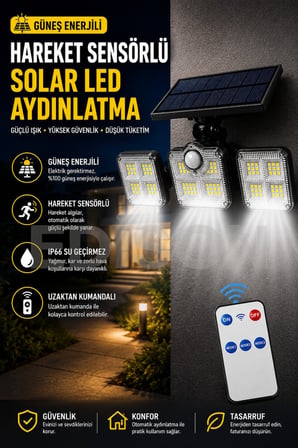 Hareket Sensörlü Solar LED Aydınlatma Uzaktan Kumandalı Güneş Enerjili Bahçe Lambası
