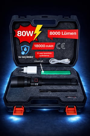 Yüksek Lümen Zoomlu Şarjlı Güçlü El Feneri 80W 8000 Lm 18000 Mah Powerbank Özellikli Büyük Fener