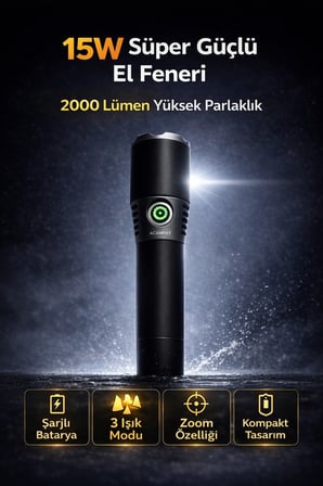 15W 2000 Lümen Şarjlı Zoomlu El Feneri Güçlü İşık Kamp Acil Durum Feneri Kompakt Tasarım