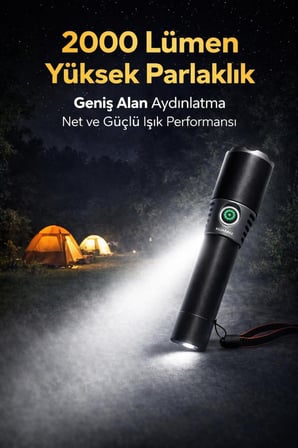 15W 2000 Lümen Şarjlı Zoomlu El Feneri Güçlü İşık Kamp Acil Durum Feneri Kompakt Tasarım