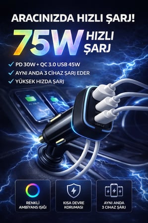 75W Hızlı Araç Şarj Cihazı USB-C PD QC 3.0 3 Çıkışlı Çakmaklık Telefon Şarj Adaptörü