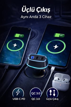 75W Hızlı Araç Şarj Cihazı USB-C PD QC 3.0 3 Çıkışlı Çakmaklık Telefon Şarj Adaptörü