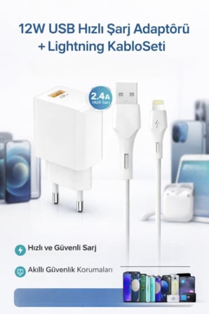 iPhone Uyumlu 12W USB Hızlı Şarj Adaptörü ve Lightning Kablo Seti - Hızlı Şarj Aleti, Akım Korumalı
