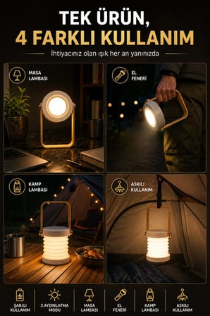 LED Kamp Lambası Şarjlı Kamp Feneri El Feneri 3 Kademeli Taşınabilir Kamp Işığı