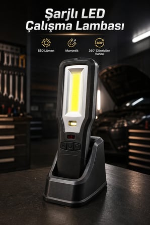 Şarjlı LED Çalışma Lambası 550 Lümen Manyetik 360° Döner Kancalı COB El Feneri USB Şarjlı IP54