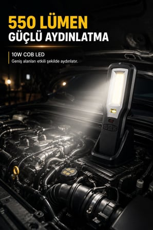 Şarjlı LED Çalışma Lambası 550 Lümen Manyetik 360° Döner Kancalı COB El Feneri USB Şarjlı IP54