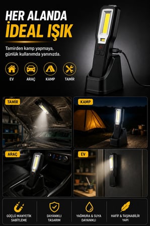 Şarjlı LED Çalışma Lambası 550 Lümen Manyetik 360° Döner Kancalı COB El Feneri USB Şarjlı IP54