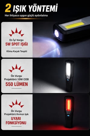 Şarjlı LED Çalışma Lambası 550 Lümen Manyetik 360° Döner Kancalı COB El Feneri USB Şarjlı IP54