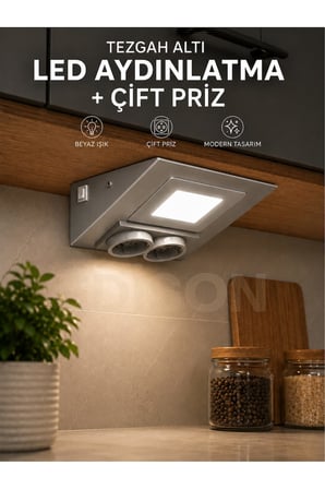 Tezgah Altı LED Aydınlatma Çift Prizli Spotlu Gri Metal Kasa Mutfak Dolap Altı Işık Beyaz LED Anahtarlı