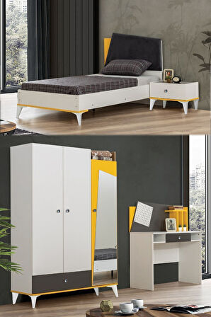 Giallo Genç Odası - 3 Kapılı Dolap, Karyola, Komodin, Masa