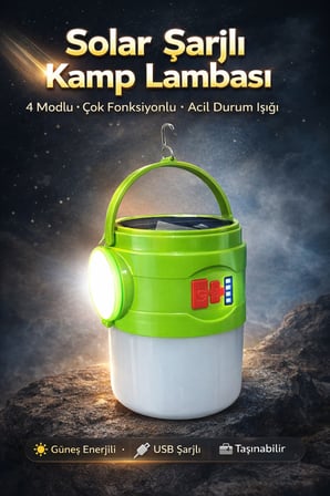 Solar Şarjlı Kamp Çadır Lambası 4 Modlu El Feneri Acil Durum Işığı Taşınabilir Işıldak