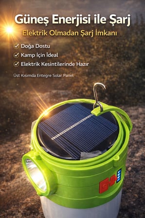 Solar Şarjlı Kamp Çadır Lambası 4 Modlu El Feneri Acil Durum Işığı Taşınabilir Işıldak