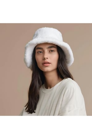 Lüks Beyaz Bucket Peluş Kova Şapka