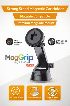 MagSafe Uyumlu Manyetik + Kıskaçlı Ayarlanabilir Tripod Tipi Araç İçi Telefon Tutucu | 360° Döner
