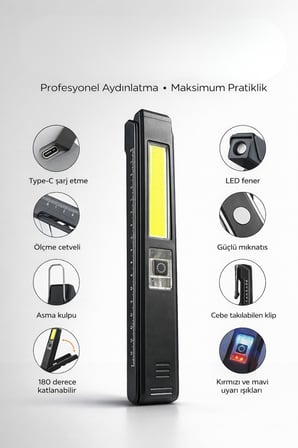 30W Şarjlı Mıknatıslı Katlanabilir LED Çalışma Lambası | 3 Mod Profesyonel Oto Tamir Kamp El Feneri
