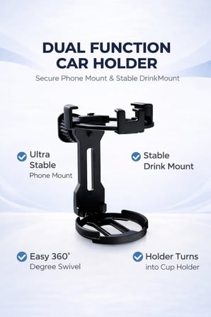 Çok Amaçlı Araç İçi Telefon Tutucu & Bardaklık Aparatı | 360° Dönebilen, Havalandırma Klipsli Tutucu
