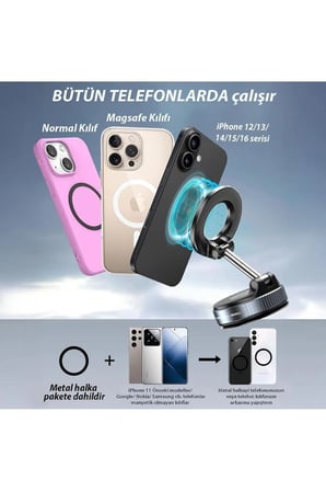 360 Dönebilen Ayarlanabilir Araç Içi Telefon Tutucu Vakumlu MagSafe