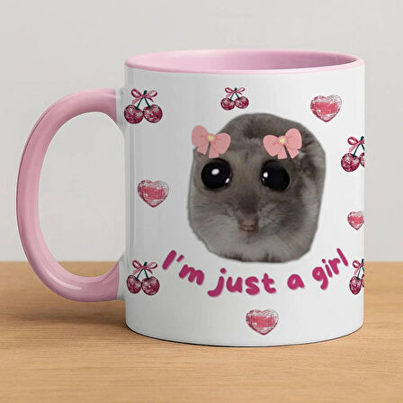 Üzgün Hamster Desenli Pembe Kupa Bardak