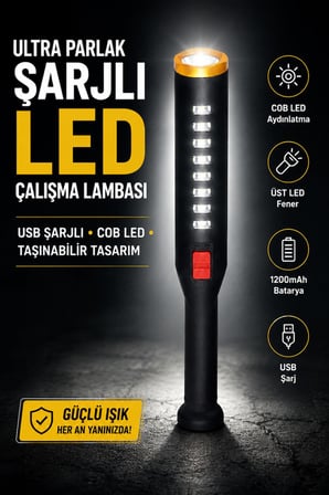 Şarjlı COB LED Çalışma Lambası 4 Modlu USB Şarjlı El Feneri Kamp Tamir Balıkçılık Acil Durum Işığı