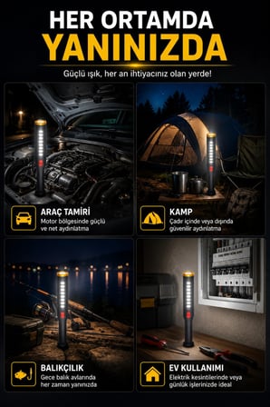 Şarjlı COB LED Çalışma Lambası 4 Modlu USB Şarjlı El Feneri Kamp Tamir Balıkçılık Acil Durum Işığı