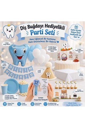 Dehaparty Diş Buğdayı Hediyelikli Parti Seti 8 Kişilik Mavi Konsept