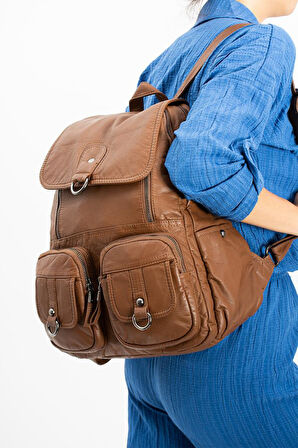 Y.S.Deri Kadın Sırt Çantası Çok Cepli Günlük Kullanıma Uygun 35*25 Cm Vegan Deri Yıkama Suni Deri