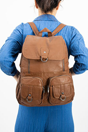 Y.S.Deri Kadın Sırt Çantası Çok Cepli Günlük Kullanıma Uygun 35*25 Cm Vegan Deri Yıkama Suni Deri