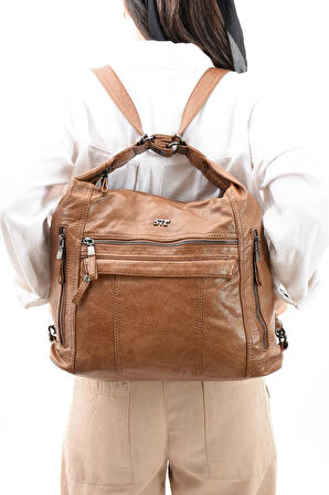 Y.S.Deri Deri Kadın Omuz Postacı Çantası Sırt Çantası Fonksiyonel Kullanım 23*30 Cm Vegan Suni Deri