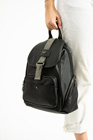 Saten Kumaş Kadın Sırt Çantası 33*23 Cm Yağmur İtici Kumaş Mega Bag Kapaklı Taşlı Model