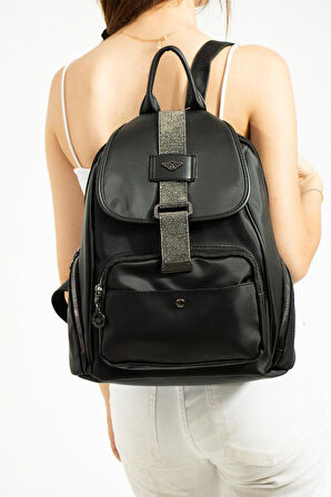 Saten Kumaş Kadın Sırt Çantası 33*23 Cm Yağmur İtici Kumaş Mega Bag Kapaklı Taşlı Model