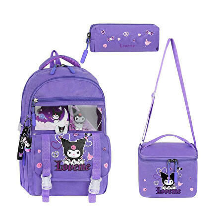 İlkokul Kız Çocuk Çantası 3'lü Set Kuromi Benzeri 42*30 Cm Beslenme Çantası Kalem Kutusu Ortopedik