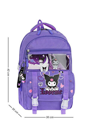 İlkokul Kız Çocuk Çantası 3'lü Set Kuromi Benzeri 42*30 Cm Beslenme Çantası Kalem Kutusu Ortopedik