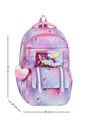 İlkokul Çantası Kız Çocuk 3'lü Set 42*30 Cm Beslenme Çantası Kalem Kutusu Ortopedik Su İtici Kumaş